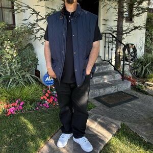 Polo Ralph Lauren navy blue quilted vest with neck buckle and brown corduroy